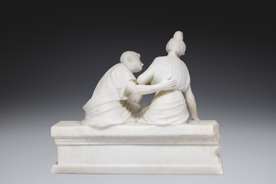 Richard Aurili (1834-ca. 1914, attribu&eacute; &agrave;): Groupe en marbre blanc d'un couple en train de se faire la cour sur un banc, d&eacute;but du 20&egrave;me si&egrave;cle