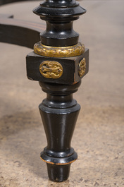 A French Napoleon III gilt bronze mounted partially ebonized wooden marquetry table with floral design and a theatre, 19th C.