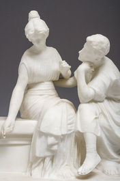 Richard Aurili (1834-ca. 1914, attribu&eacute; &agrave;): Groupe en marbre blanc d'un couple en train de se faire la cour sur un banc, d&eacute;but du 20&egrave;me si&egrave;cle