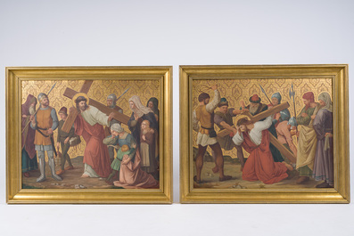 Ecole belge: Chemin de croix de douze tableaux, huile sur cuivre, ca. 1900