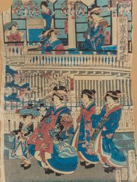 &Eacute;cole japonaise : Trois estampes Ukiyo-e et quatre Chirimen-e avec sc&egrave;nes anim&eacute;es, Edo/Meiji, 18&egrave;me/19&egrave;me si&egrave;cle