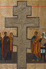 Cinq ic&ocirc;nes orthodoxes, e.a. 'L'Ascension d'Elie' et une ic&ocirc;ne de voyage en bronze &eacute;maill&eacute; en trois parties, Russie, 19&egrave;me si&egrave;cle