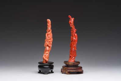 Deux figures de Shou Lao et Lan Cai He en corail rouge sculpt&eacute;, Chine, 19&egrave;me/20&egrave;me si&egrave;cle