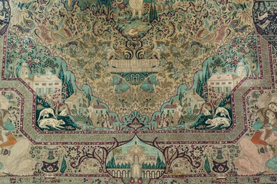 Tapis oriental de type Tabriz &agrave; d&eacute;cor de sc&egrave;nes anim&eacute;es, laine sur coton, 20&egrave;me si&egrave;cle