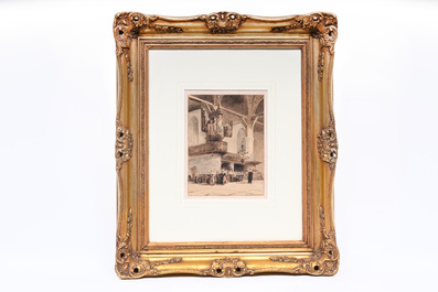 Sign&eacute; illisiblement: Int&eacute;rieur d'un monast&egrave;re, aquarelle sur papier, 19&egrave;me si&egrave;cle