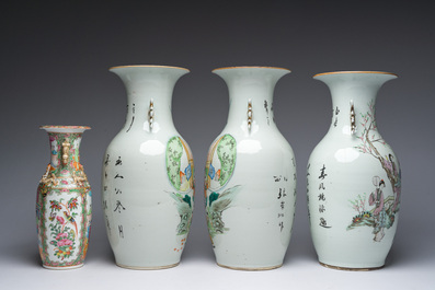 Trois vases en porcelaine de Chine famille rose &agrave; d&eacute;cor de dames et d'enfants dans un jardin et un vase et un plat de Canton, 19&egrave;me/20&egrave;me si&egrave;cle