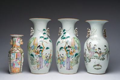 Trois vases en porcelaine de Chine famille rose &agrave; d&eacute;cor de dames et d'enfants dans un jardin et un vase et un plat de Canton, 19&egrave;me/20&egrave;me si&egrave;cle