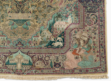 Tapis oriental de type Tabriz &agrave; d&eacute;cor de sc&egrave;nes anim&eacute;es, laine sur coton, 20&egrave;me si&egrave;cle