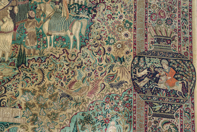 Tapis oriental de type Tabriz &agrave; d&eacute;cor de sc&egrave;nes anim&eacute;es, laine sur coton, 20&egrave;me si&egrave;cle