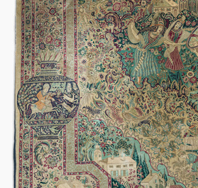 Tapis oriental de type Tabriz &agrave; d&eacute;cor de sc&egrave;nes anim&eacute;es, laine sur coton, 20&egrave;me si&egrave;cle