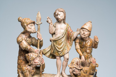 A Flemish or Northern French carved and polychrome painted wooden 'The Resurrection of Christ' retable group, 16th C.