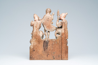 A Flemish or Northern French carved and polychrome painted wooden 'The Resurrection of Christ' retable group, 16th C.
