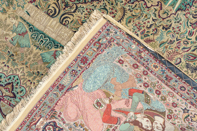 Tapis oriental de type Tabriz &agrave; d&eacute;cor de sc&egrave;nes anim&eacute;es, laine sur coton, 20&egrave;me si&egrave;cle