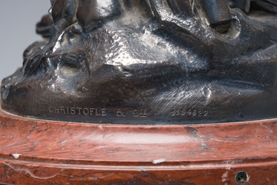&Eacute;cole fran&ccedil;aise: Le r&eacute;mouleur, bronze argent&eacute; sur un imposant socle en marbre rouge, 19&egrave;me si&egrave;cle