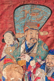 Broderie verticale en soie &agrave; d&eacute;cor de figures des Trois &Eacute;toiles, Chine, 19&egrave;me si&egrave;cle