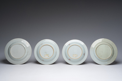 Sept assiettes en porcelaine de Chine famille rose en verte &agrave; d&eacute;cor floral et de sc&egrave;nes anim&eacute;es, Yongzheng/Qianlong