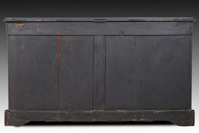 A French Historicism gilt bronze mounted tortoiseshell and brass marquetry ebonised wooden Boulle three-door credenza, 19th C.