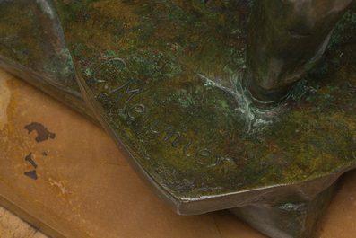 Constantin Emile Meunier (1831-1905): 'Le d&eacute;bardeur', bronze &agrave; patine verte sur un socle en marbre