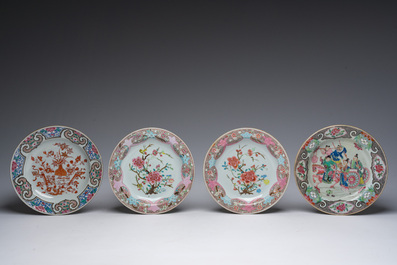 Sept assiettes en porcelaine de Chine famille rose en verte &agrave; d&eacute;cor floral et de sc&egrave;nes anim&eacute;es, Yongzheng/Qianlong