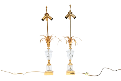A pair of gilt brass and crystal 'palm tree' lamps in the Maison Charles style, third quarter 20th C.