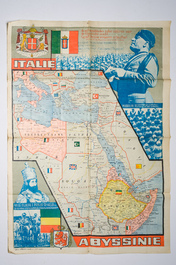 Deux affiches sur la campagne militaire en Abyssinie et un chapeau tropical allemand avec des symboles nazis, 20&egrave;me si&egrave;cle