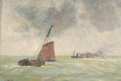 &Eacute;cole belge: Quatre marines, huile sur panneau et toile, 19&egrave;me/20&egrave;me si&egrave;cle