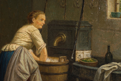 Josephus Nauwens (1830-1886 ou attribu&eacute; &agrave;): La vaisselle, huile sur toile, dat&eacute; 1883