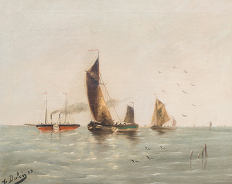 &Eacute;cole belge: Quatre marines, huile sur panneau et toile, 19&egrave;me/20&egrave;me si&egrave;cle