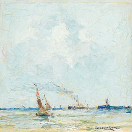 &Eacute;cole belge: Quatre marines, huile sur panneau et toile, 19&egrave;me/20&egrave;me si&egrave;cle