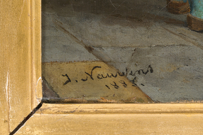 Josephus Nauwens (1830-1886 ou attribu&eacute; &agrave;): La vaisselle, huile sur toile, dat&eacute; 1883