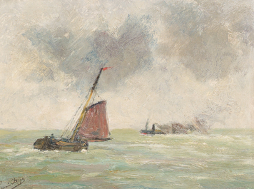 &Eacute;cole belge: Quatre marines, huile sur panneau et toile, 19&egrave;me/20&egrave;me si&egrave;cle