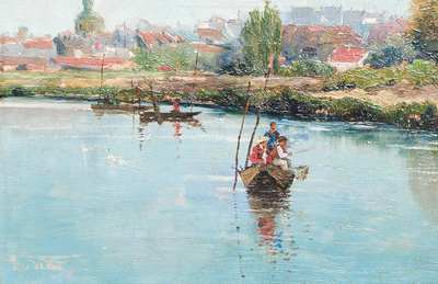 &Eacute;cole belge: Quatre marines, huile sur panneau et toile, 19&egrave;me/20&egrave;me si&egrave;cle