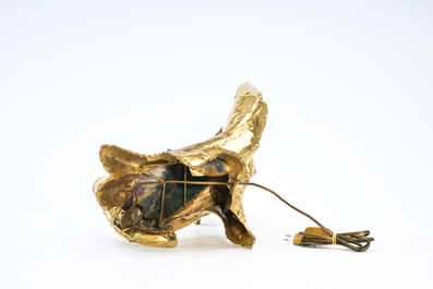 Henri Fernandez (1946): Lampe de table en forme de chouette sur branche pour l'atelier Jacques Duval-Brasseur, am&eacute;thyste et cuivre dor&eacute;