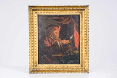 Ecole hollandaise: Aiguiser la plume &agrave; la lueur d'une bougie, huile sur panneau, fin du 18&egrave;me si&egrave;cle