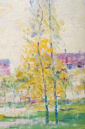 Pierre Thevenet (1870-1937, &agrave; la mani&egrave;re de): Deux peupliers dans un paysage, huile sur toile