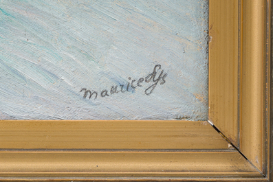 Maurice Sys (1880-1972, &agrave; la mani&egrave;re de): Vue de la Lys avec deux bateaux dans l'eau, huile sur toile