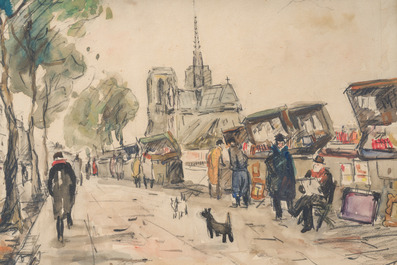 Roger Bertin (1915-2003): 'Notre Dame les bouquinistes', techniques mixtes sur papier, dat&eacute; 1937