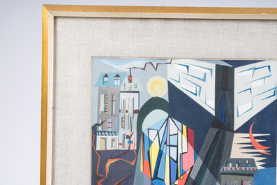 G. Lecloux (20&egrave;me si&egrave;cle): Paysage urbain de jour et de nuit, huile sur papier