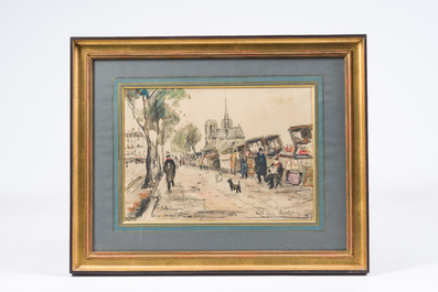 Roger Bertin (1915-2003): 'Notre Dame les bouquinistes', techniques mixtes sur papier, dat&eacute; 1937