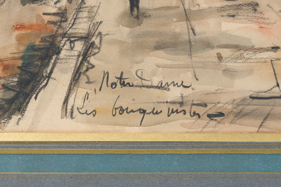 Roger Bertin (1915-2003): 'Notre Dame les bouquinistes', techniques mixtes sur papier, dat&eacute; 1937