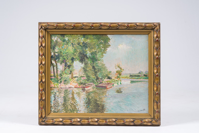 Maurice Sys (1880-1972, &agrave; la mani&egrave;re de): Vue de la Lys avec deux bateaux dans l'eau, huile sur toile