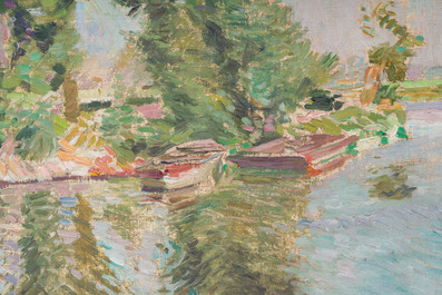 Maurice Sys (1880-1972, &agrave; la mani&egrave;re de): Vue de la Lys avec deux bateaux dans l'eau, huile sur toile