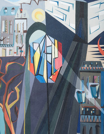 G. Lecloux (20&egrave;me si&egrave;cle): Paysage urbain de jour et de nuit, huile sur papier