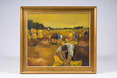 Lea Vanderstraeten (1929): La r&eacute;colte du grain, huile sur toile