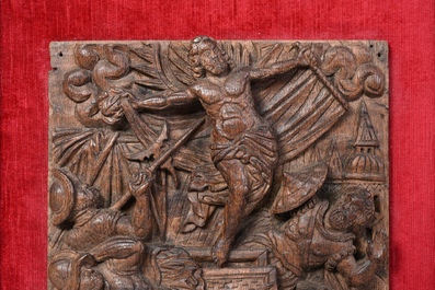 Four carved wooden religious subject panels, 17th C.