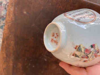 Quatre soucoupes et un bol couvert en porcelaine de Chine famille rose &agrave; d&eacute;cor 'Wu Shuang Pu', 19&egrave;me si&egrave;cle