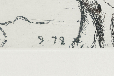 Paul Delvaux (1897-1994): 'Le navire &agrave; sacrifices' from the series 'Construction d&rsquo;un temple en ruine &agrave; la d&eacute;esse Vanad&eacute;', etching, dated (19)72