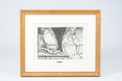 Paul Delvaux (1897-1994): 'Le navire &agrave; sacrifices' from the series 'Construction d&rsquo;un temple en ruine &agrave; la d&eacute;esse Vanad&eacute;', etching, dated (19)72