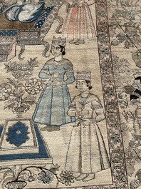 Tapis oriental de type Kerman (Kirman) &agrave; d&eacute;cor de sc&egrave;ne de cour avec Nader Shah Afshar et ses confidents, laine sur coton, vers 1900