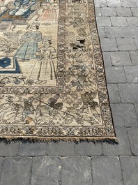 Tapis oriental de type Kerman (Kirman) &agrave; d&eacute;cor de sc&egrave;ne de cour avec Nader Shah Afshar et ses confidents, laine sur coton, vers 1900